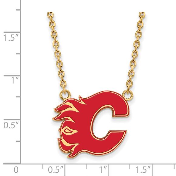 SS 14k Yellow Gold Plated NHL CaLGary Flames LG Enamel Necklace, 18 In - Picture 2 of 4